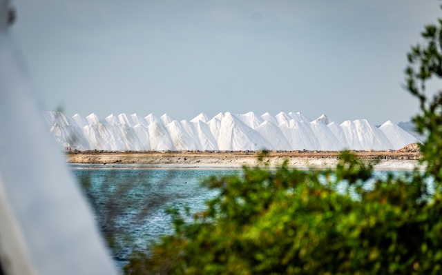 Bonaire pink salt pans and slave huts at sunset