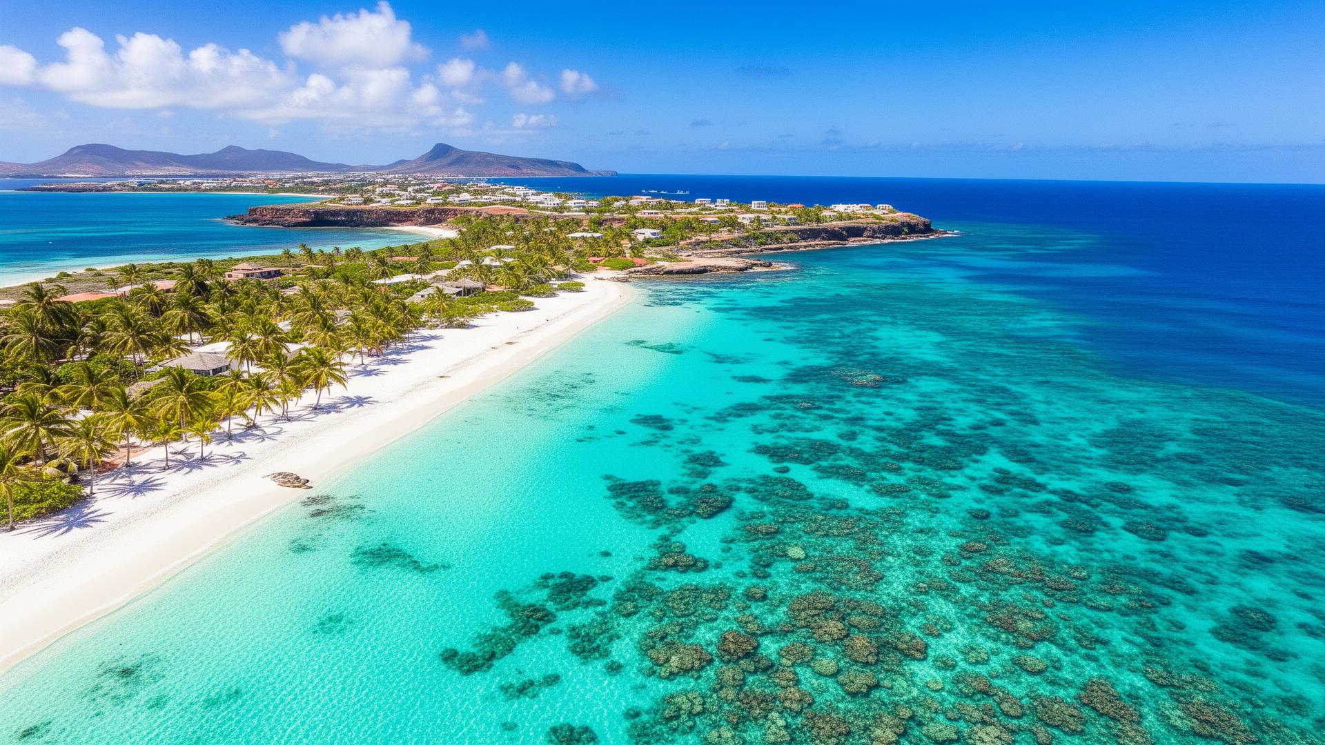 Crystal clear Caribbean turquoise water and white sandy beach