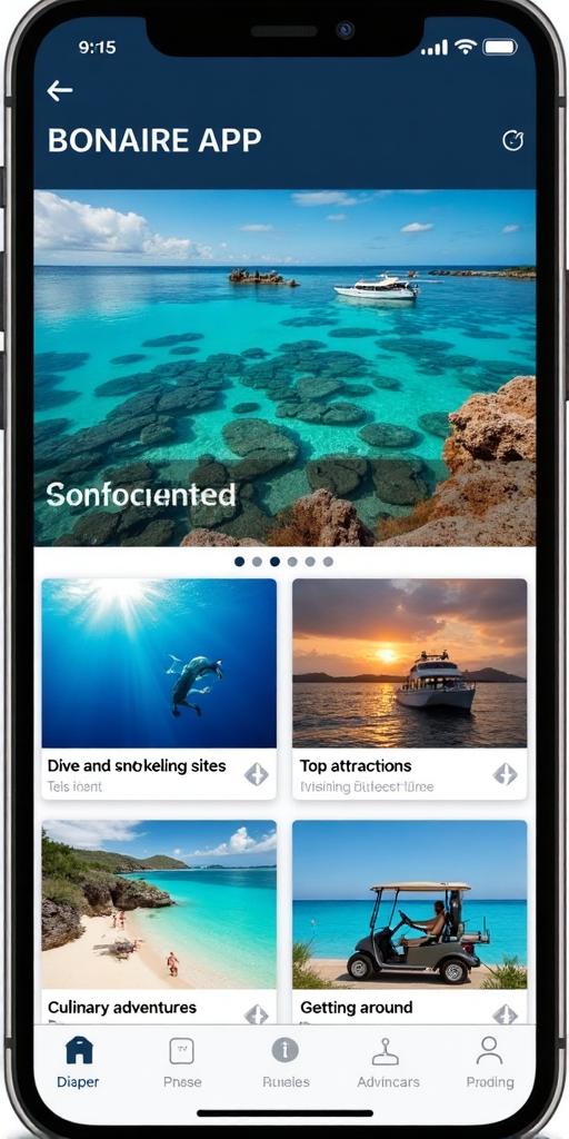 Visit Bonaire app homescreen showing category tiles